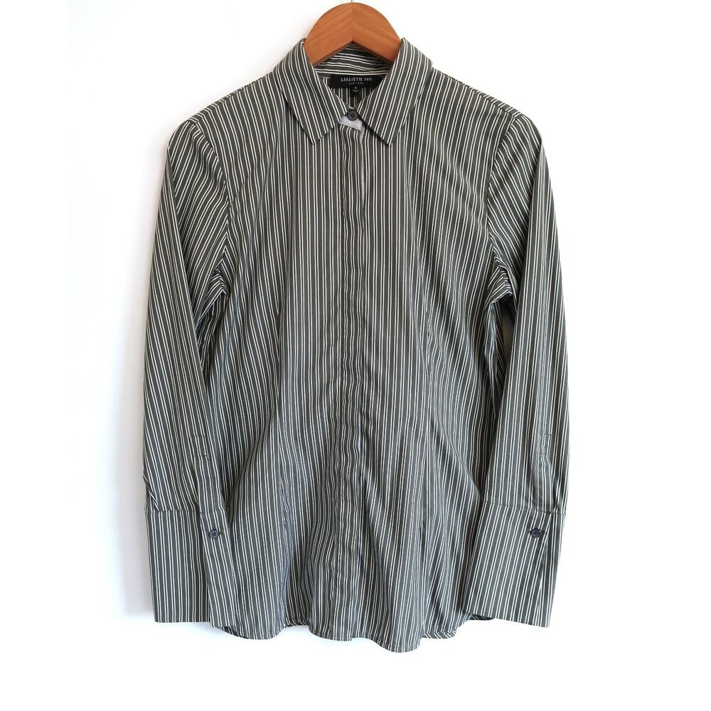 LAFAYETTE 148 NEW YORK Jake Kingsbridge Bay Leaf Stripe Shirt Top Saks S $398